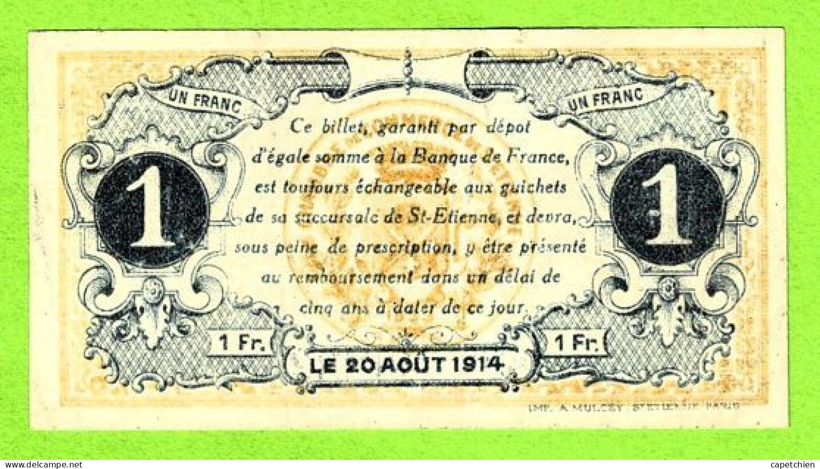 FRANCE / CHAMBRE De COMMERCE De SAINT ETIENNE / BON Pour 1 FRANC / 20 AOUT 1914 / N°202280 SERIE O - Camera Di Commercio