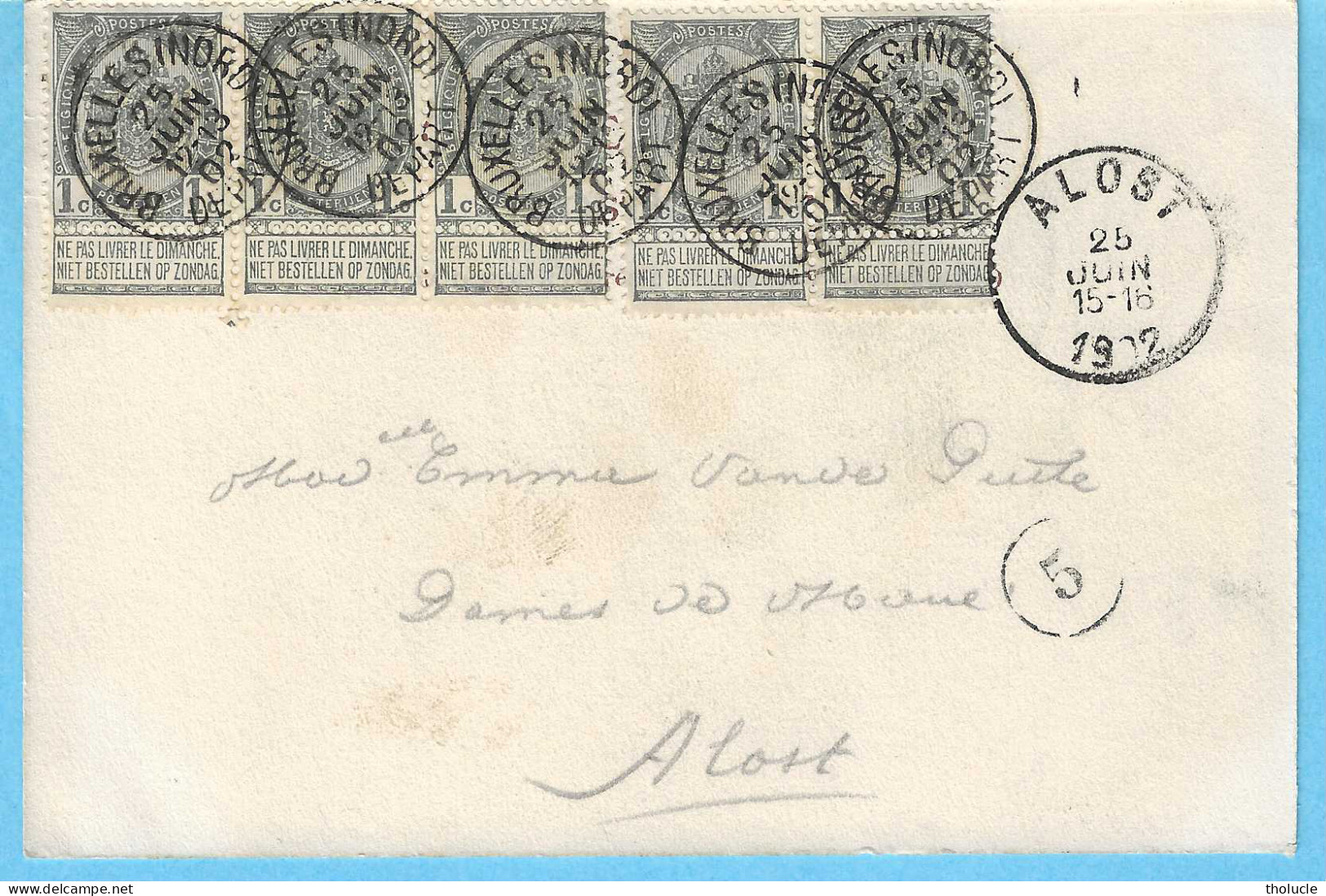 Armoiries-Bande De 5x COB 53-1c Gris Avec Bandelette (1ère Série)-cachet "Bruxelles Nord Et Alost-1902-CPA-Porte De Hal - 1893-1907 Armoiries