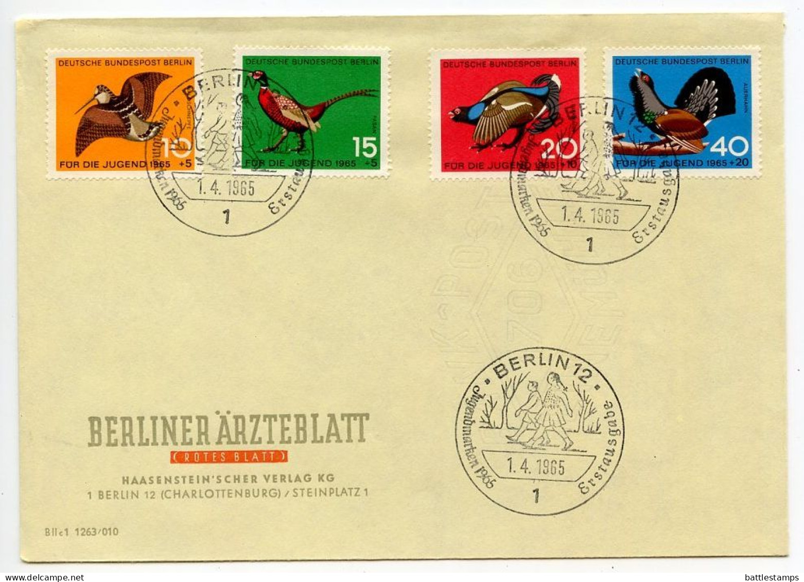 Germany, Berlin 1965 FDC Scott 9NB29-9NB32 Birds - Woodcock, Ring-necked Pheasant, Black Grouse, Capercaillie - 1948-1970