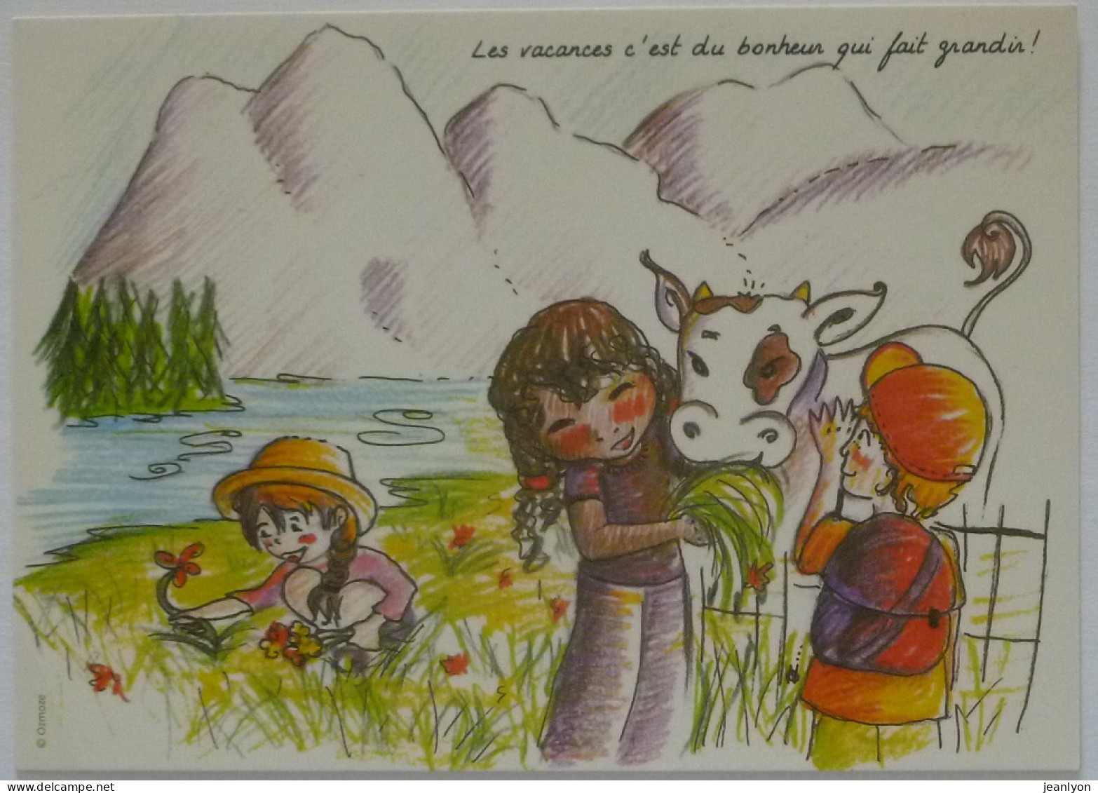 VACHE - Enfant En Bord De Rivière Qui Caresse La Vache - Dessin Illustrateur - Carte Publicitaire Secours Populaire - Vaches