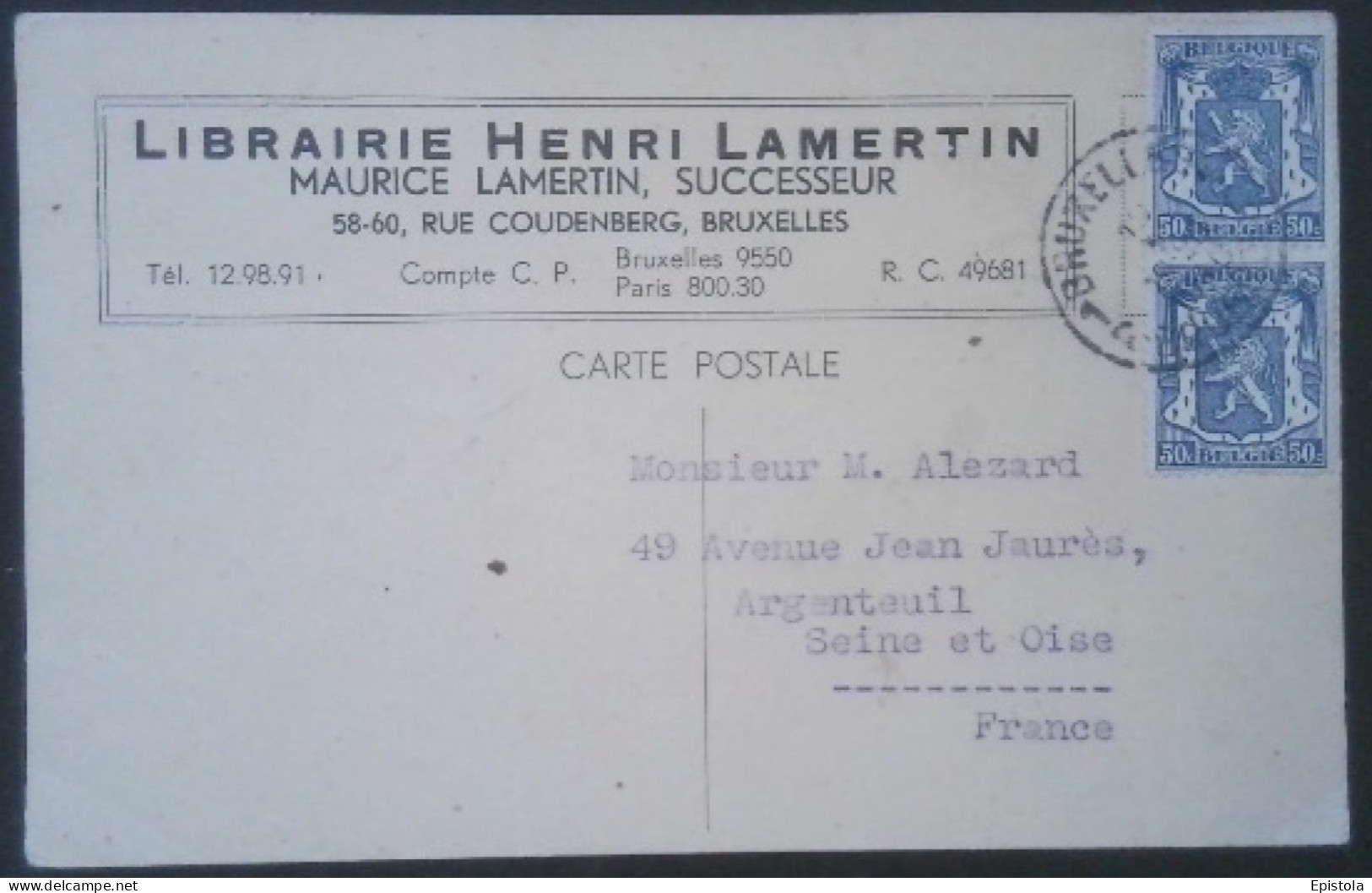 ► Pair Timbres 50c  Belgique Lion Héraldique Bleu Vers 1943 - Publicité Librairie Henri Lamertin à Bruxelles - Storia Postale