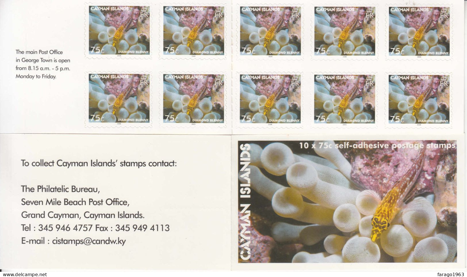 2006 Cayman Islands 75c Marine Life Queen Angelfish Fish Complete Booklet Of 10 MNH - Kaaiman Eilanden