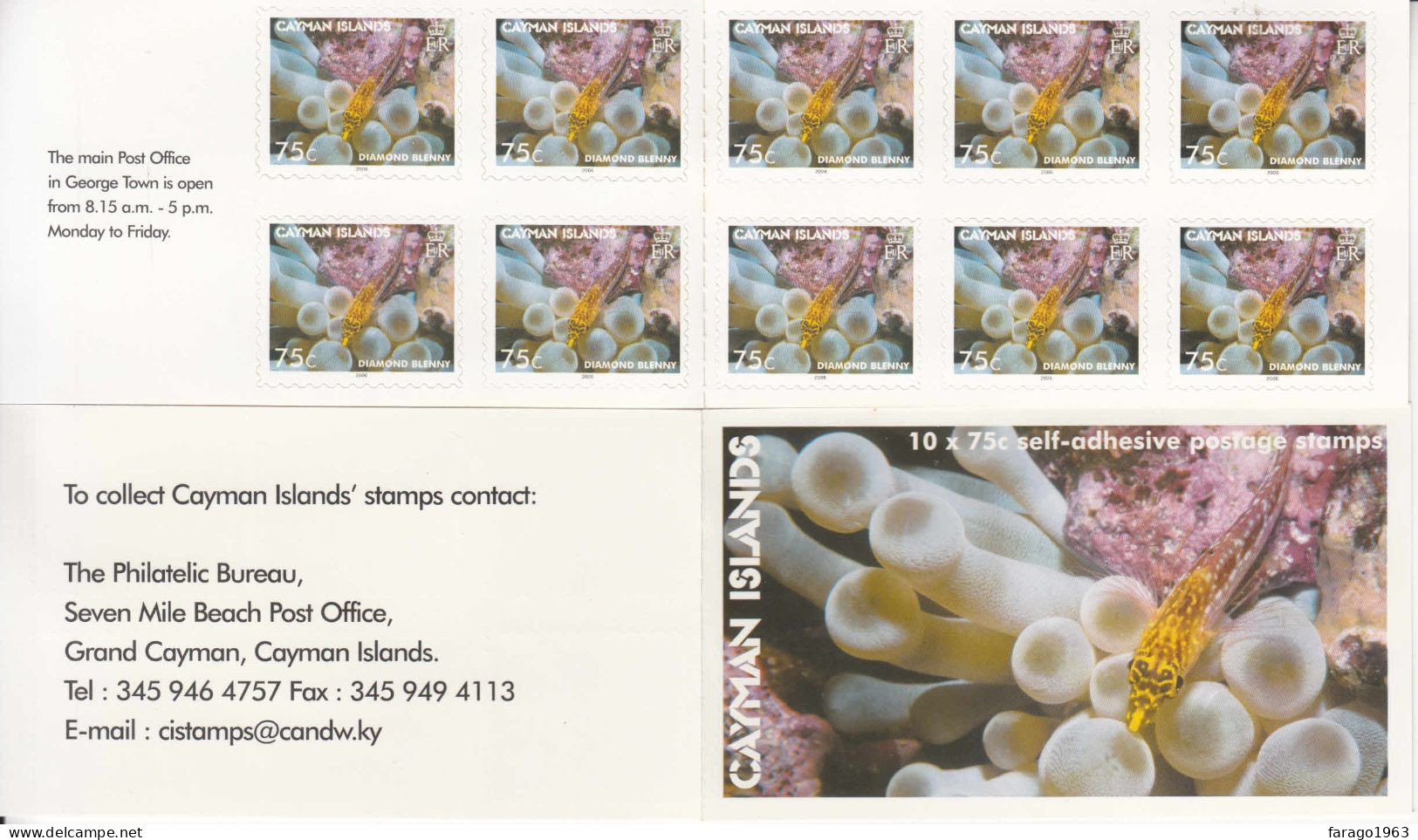 2006 Cayman Islands 75c Marine Life Queen Angelfish Fish Complete Booklet Of 10 MNH - Caimán (Islas)