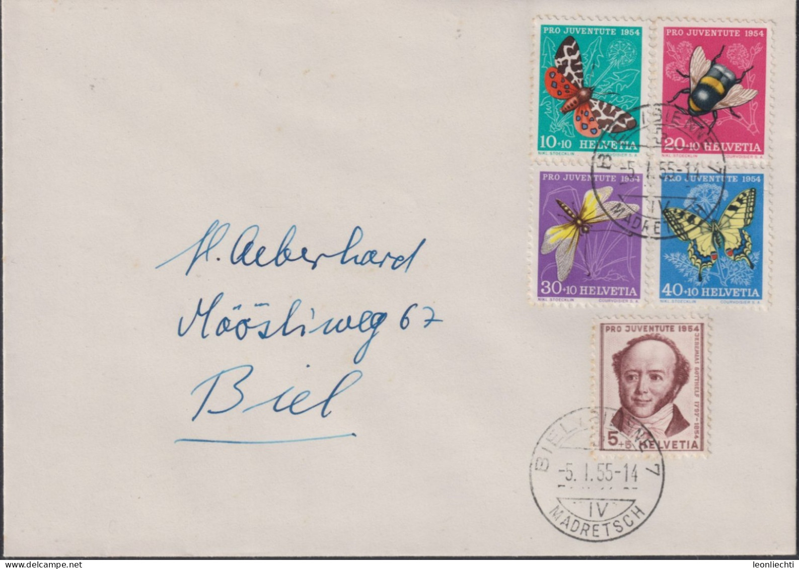 1954 Schweiz, Brief, Mi:CH 602-606 Zum:CH B 153-157, Schmetterlinge Und Jeremias Gotthelf (° Biel Bienne Madretsch) - Covers & Documents