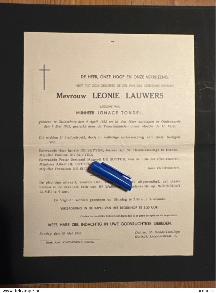 Leonie Lauwers Wed Tondel Ignace *1852 Zuidschote +1942 Oudenaarde De Sutter Deinze Predikheer Begijnhof - Todesanzeige