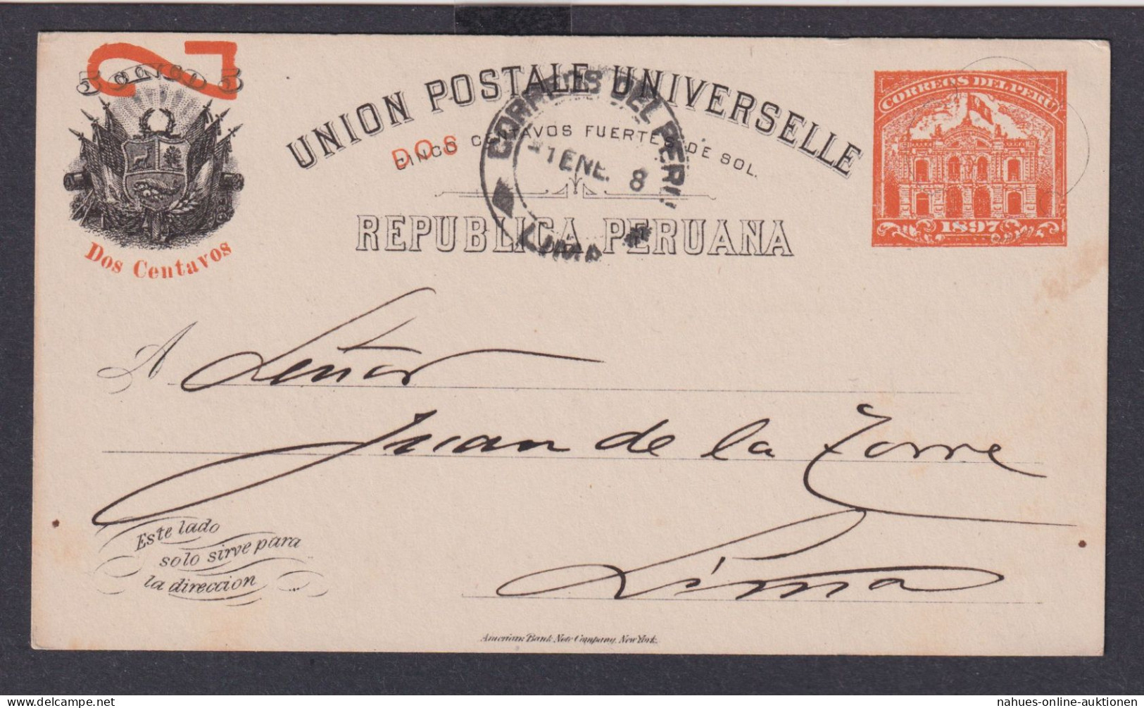 Peru Lima Südamerika Ganzsache 1897 Mit Überdruck Dos Und 2 Dos Centavos - Pérou
