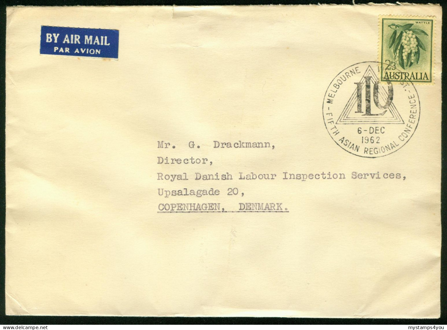 Br Australia, Melbourne 1962 Cover > Denmark (5th Asian Regional Conference ILO) #bel-1045 - Covers & Documents