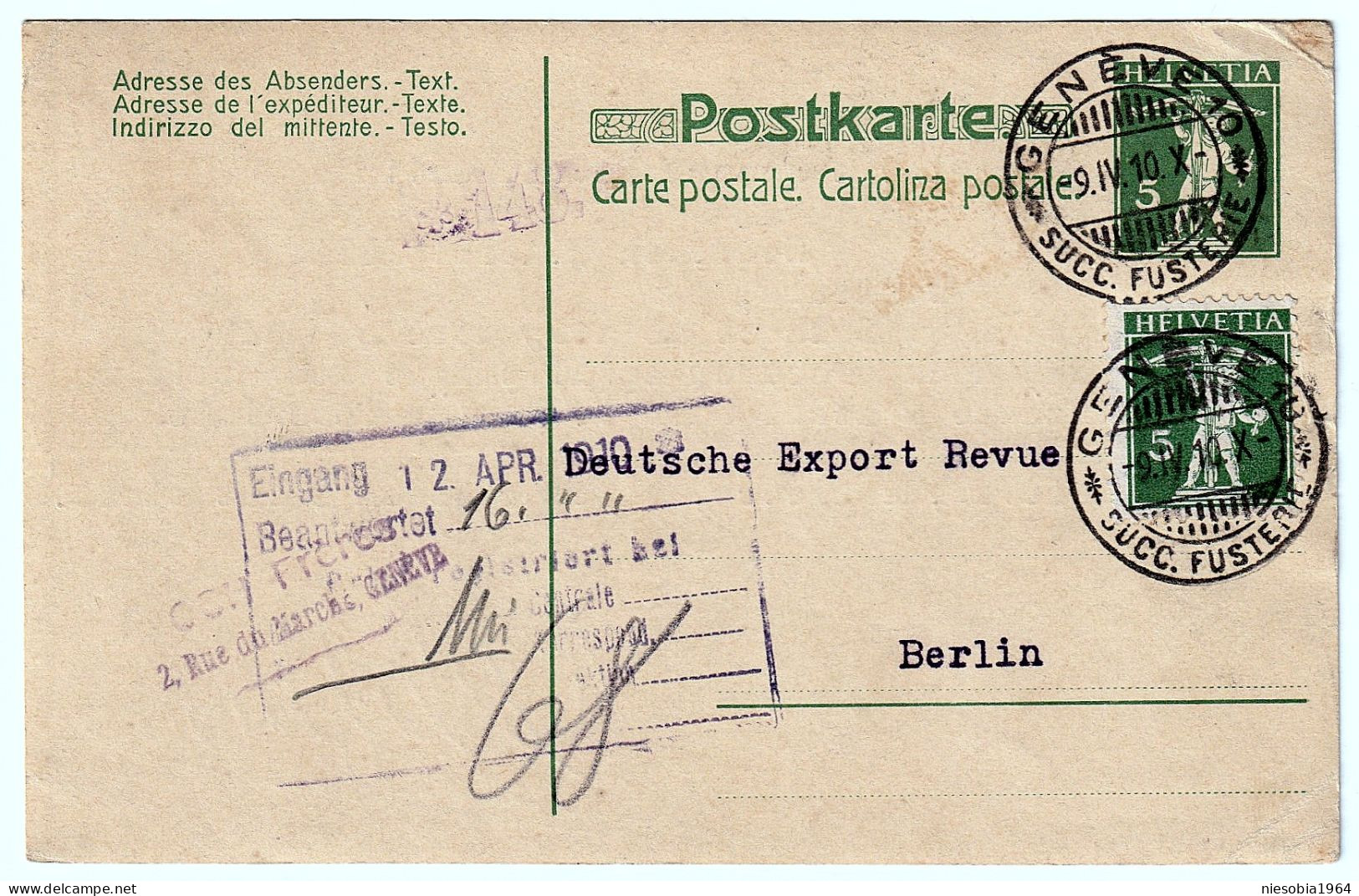 Belle-Époque Swiss Correspondence Card Seals Geneve Succ. Fusterie 9.04.1910 - Ganzsachen