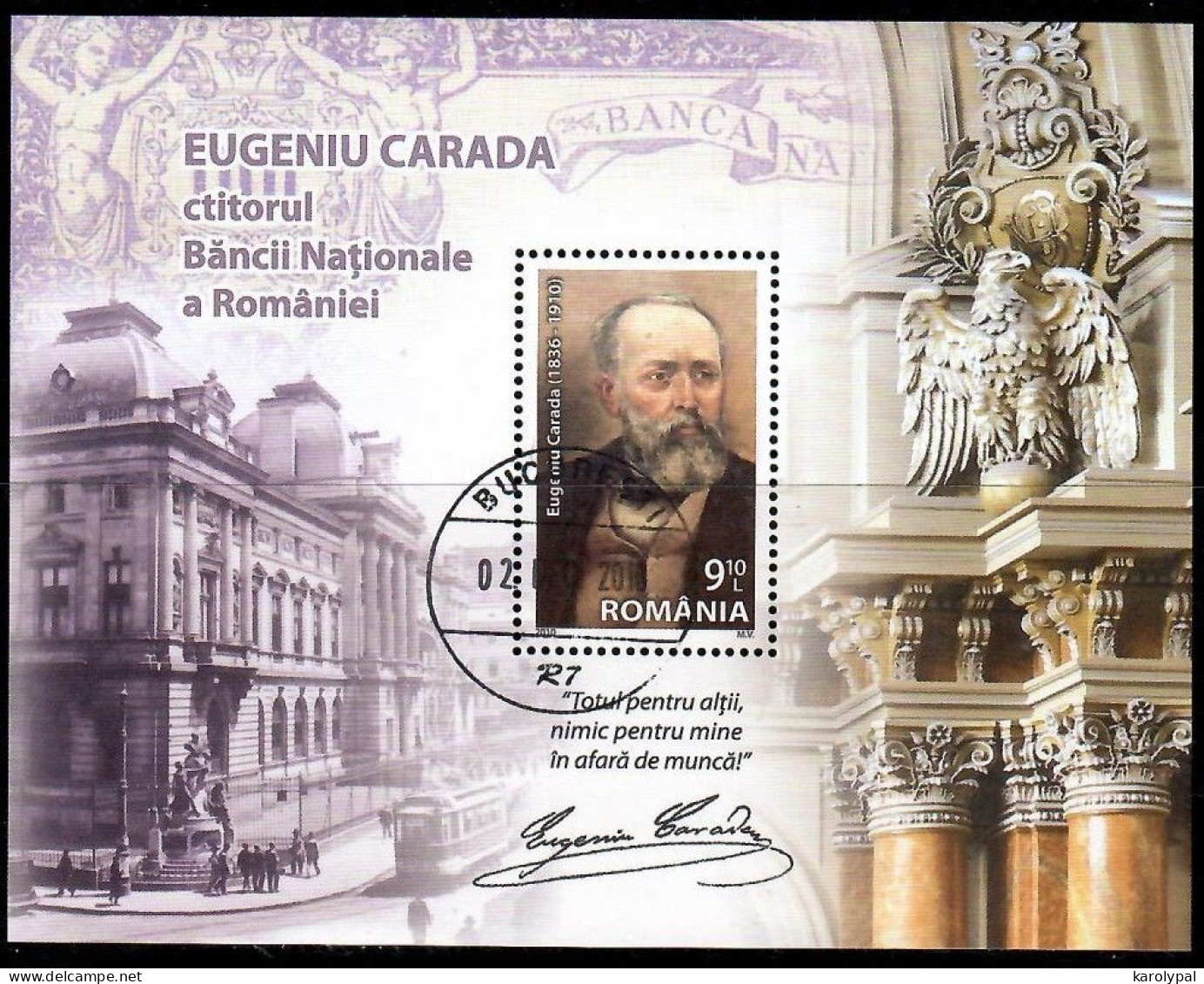 Romania, 2010 CTO, Mi. Bl. Nr. 466,  Eugeniu Carada – Founder, National Bank Of Romania - Usado