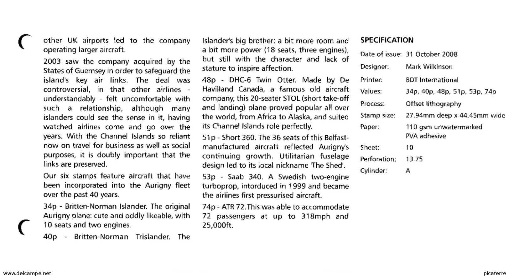 AURIGNY 40 Years Presentation Pack 2008+ Aircraft Details & Details Of Alderney Based Airline- Mnh A349-A354 See 6 Scans - Avions