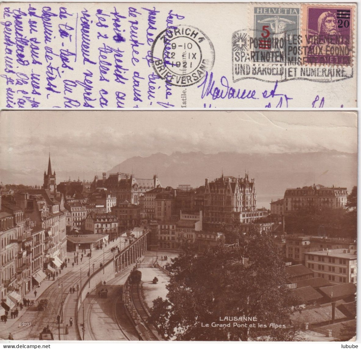 AK  "Lausanne - Le Grand Pont"  Zürich - Bruxelles        1921 - Lettres & Documents