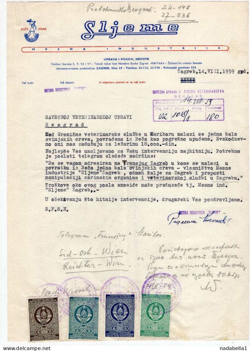 1959. YUGOSLAVIA,CROATIA,ZAGREB,SLJEME,TRADEMARK,LETTER TO STATE MINISTRY ON LETTERHEAD,4 REVENUE STAMPS - Lettres & Documents