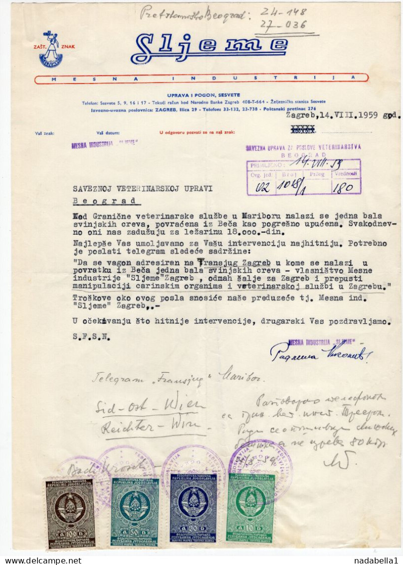 1959. YUGOSLAVIA,CROATIA,ZAGREB,SLJEME,TRADEMARK,LETTER TO STATE MINISTRY ON LETTERHEAD,4 REVENUE STAMPS - Briefe U. Dokumente