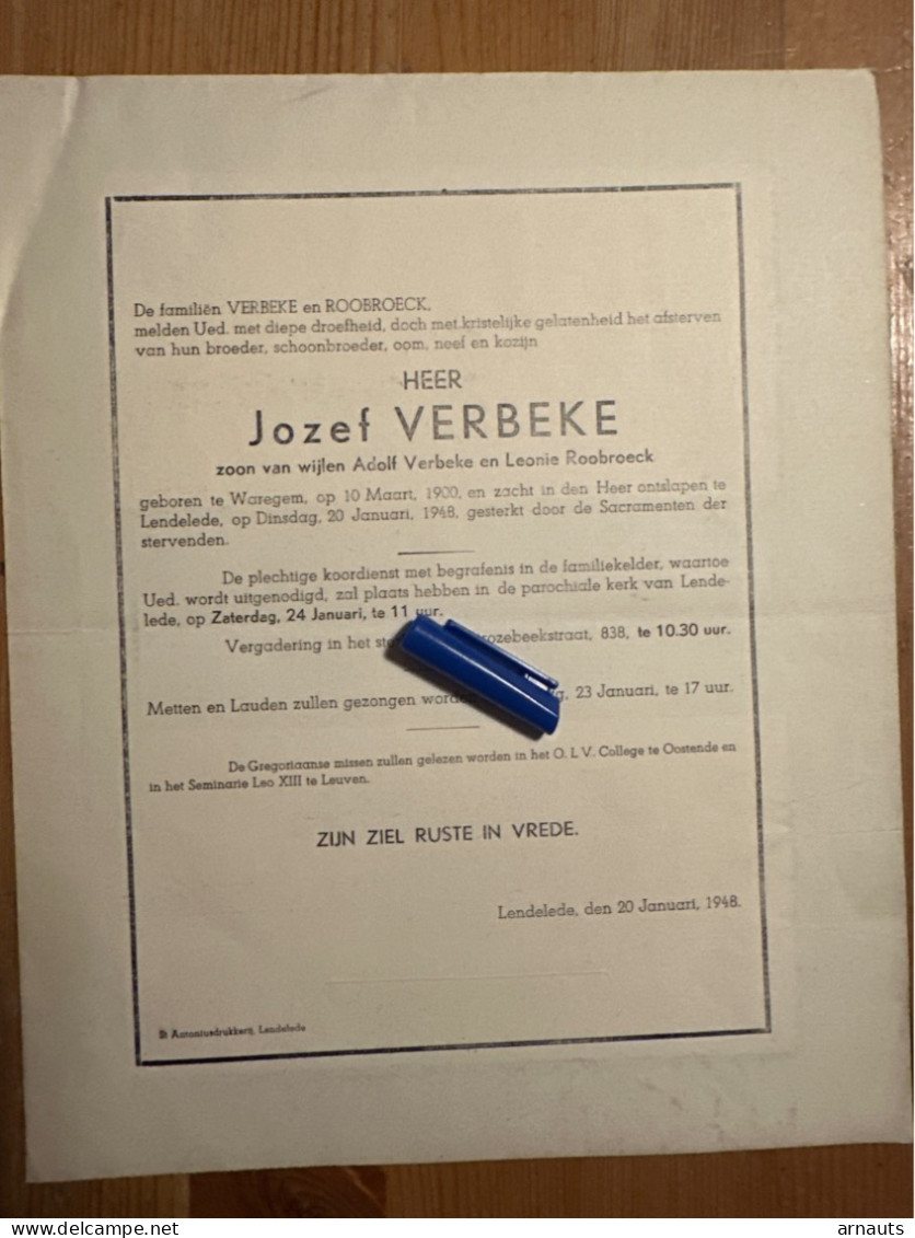 Jozef Verbeke Zoon Adolf & Leonie Roobroeck *1900 Waregem +1948 Lendelede Oostende Leuven Bossuyt Raekelboom Wille Veree - Obituary Notices