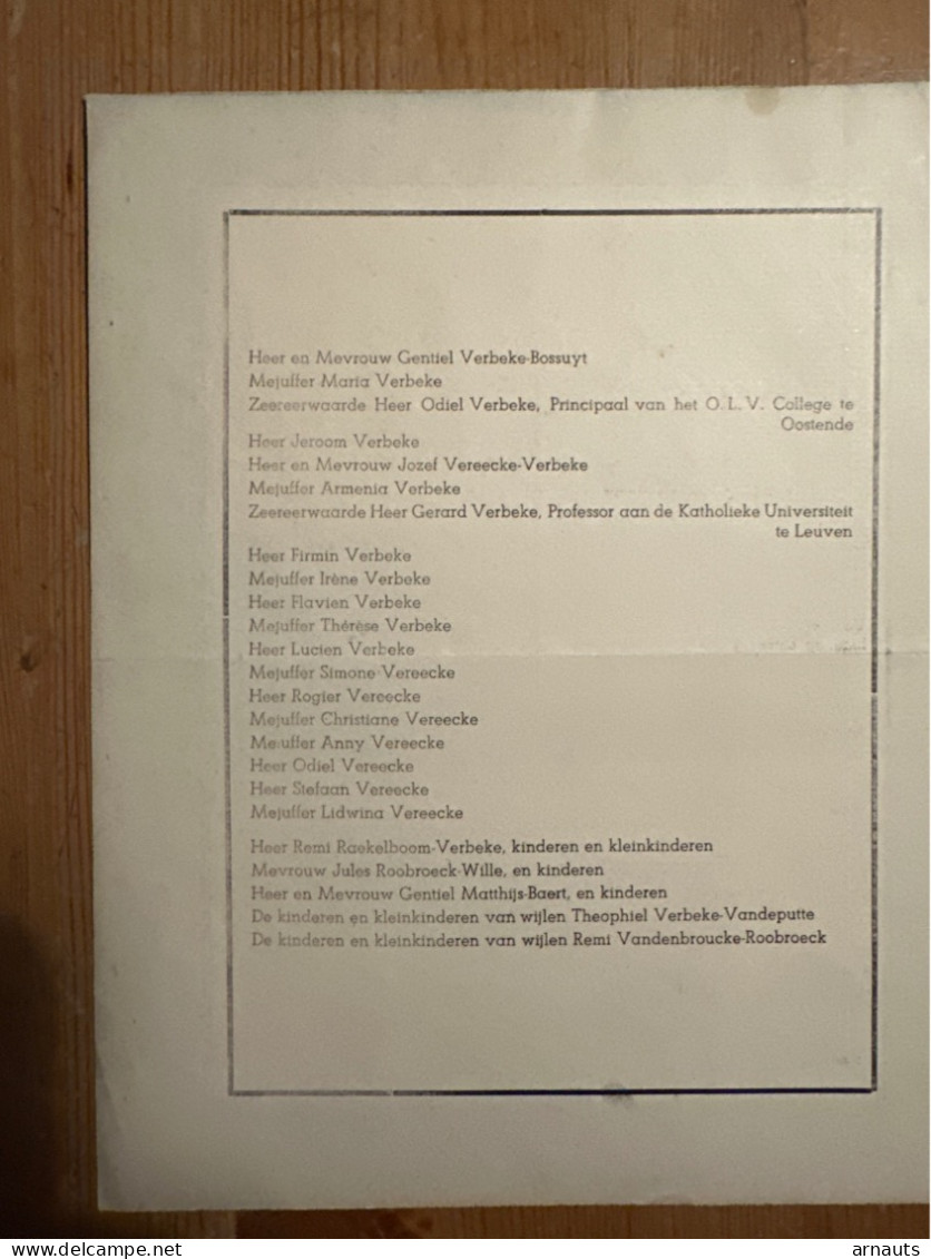 Jozef Verbeke Zoon Adolf & Leonie Roobroeck *1900 Waregem +1948 Lendelede Oostende Leuven Bossuyt Raekelboom Wille Veree - Obituary Notices