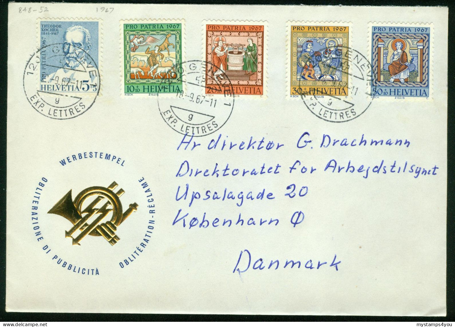 Br Switzerland, Geneve 1967 Special Cover > Denmark (Pro Patria MiNr 853-857) #bel-1047 - Cartas & Documentos