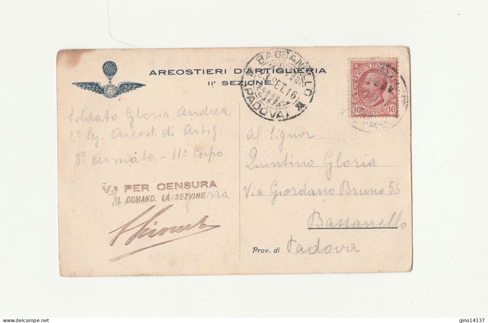 Cartolina AREOSTERI D'ARTIGLIERIA II SEZIONE BASSANELLO PADOVA 1916 Per Censura - Guerra 1914-18