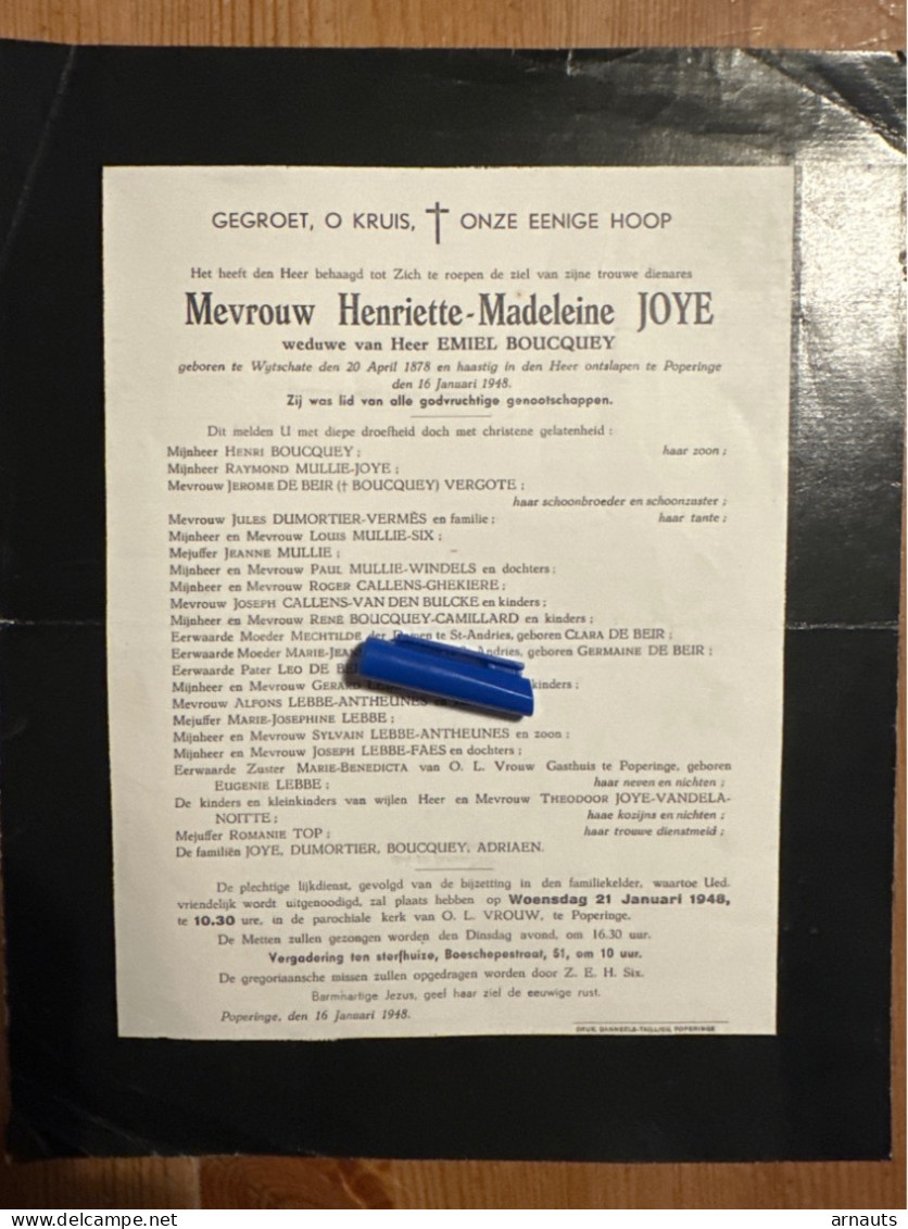 Mevr Henriette Madeleine Joye Wed Boucquey *1878 Wuitschate +1948 Poperinge Adriaen Six Lebbe Vandelanoitte Mullie Beir - Décès
