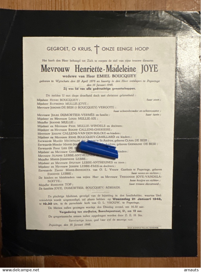 Mevr Henriette Madeleine Joye Wed Boucquey *1878 Wuitschate +1948 Poperinge Adriaen Six Lebbe Vandelanoitte Mullie Beir - Esquela