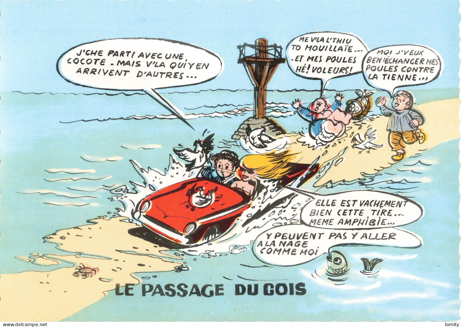 & 85 Passage Du Goa Gois Illustration , Ile De Noirmoutier CPSM GF Carte Dentelée Humour Voiture Amphibie Poules - Ile De Noirmoutier