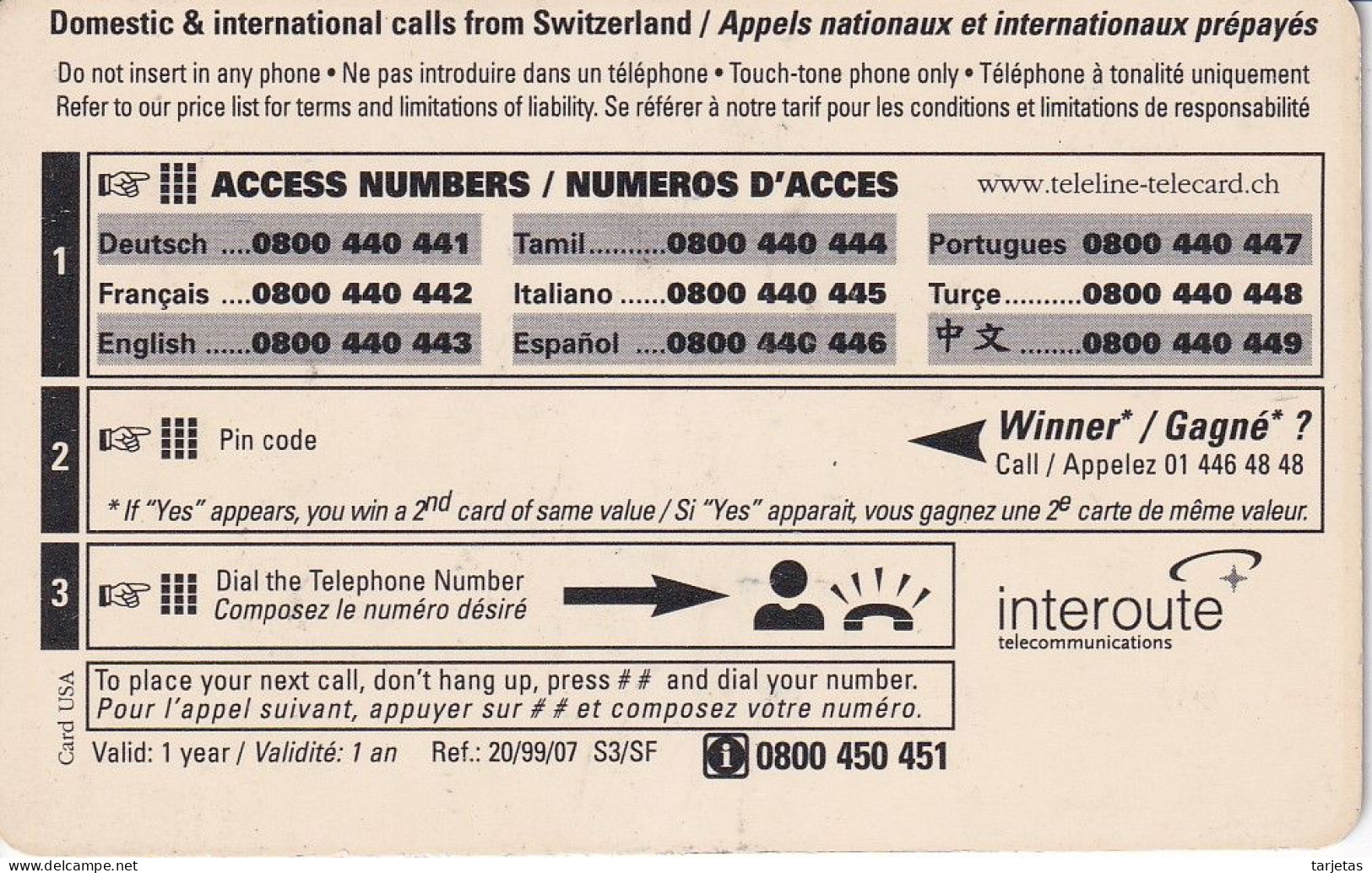 Nº ??? TARJETA DE SUIZA DE TELELINE DE SCRATCH & WIN ( Sin Activar) - Suiza