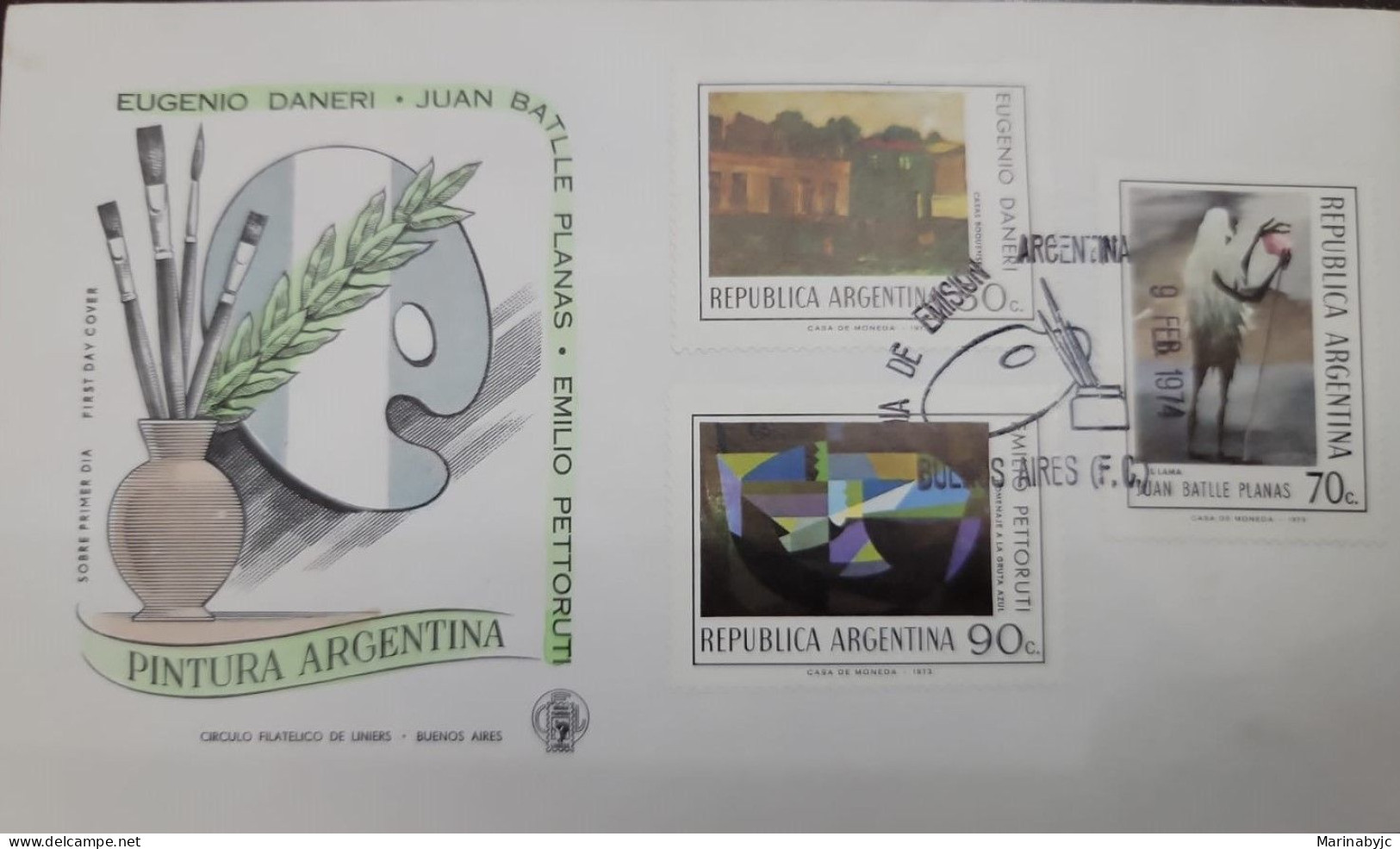 D)1974, ARGENTINA, FIRST DAY COVER, ISSUE, ARGENTINE PAINTING, "CASAS BOQUENSES", EUGENIO DANERI, "EL LAMA", JUAN BATLLE - Otros & Sin Clasificación