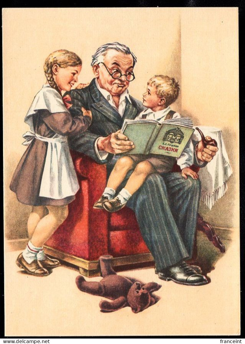 RUSSIA(1956) Old Man Reading Fairy Tales To Children. 40 Kop Illustrated Postal Card. - 1950-59