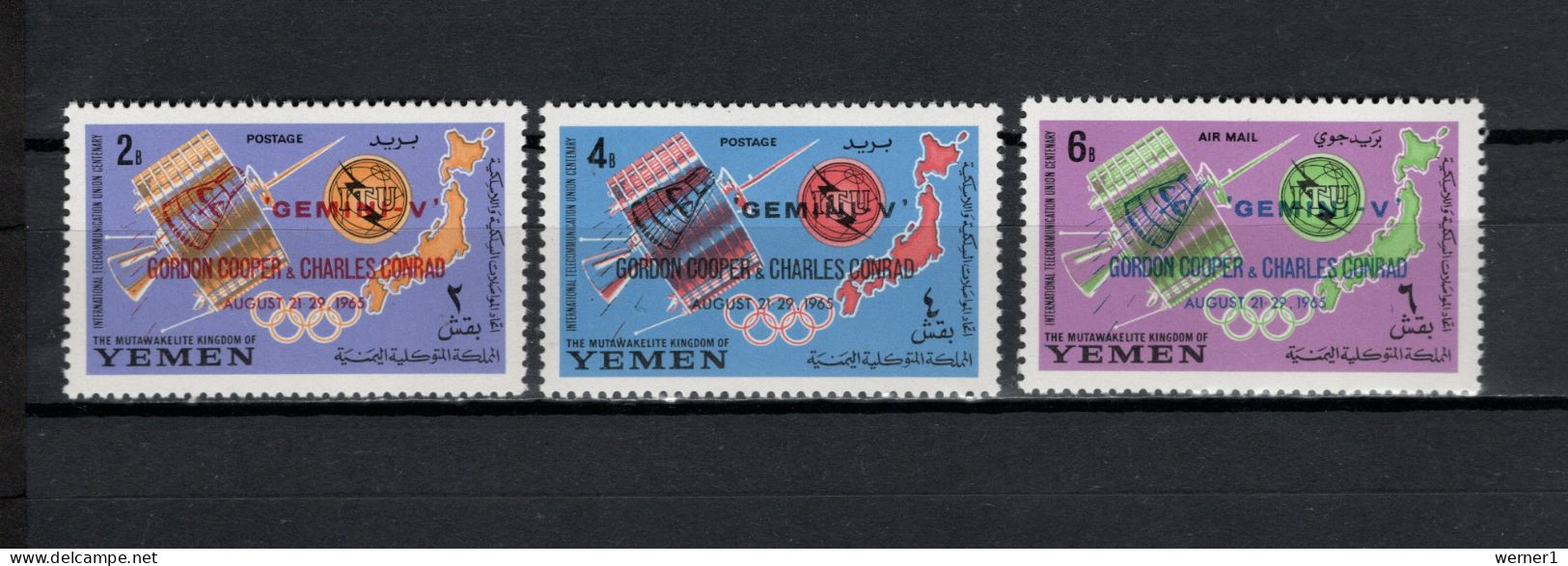 Yemen Kingdom 1965 Space, ITU Centenary, Olympic Games Tokyo Set Of 3 With Overprint MNH - Asia