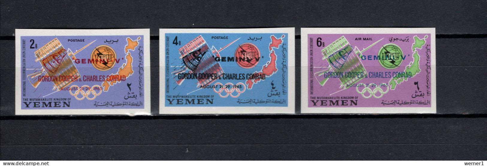 Yemen Kingdom 1965 Space, ITU Centenary, Olympic Games Tokyo Set Of 3 With Overprint Imperf. MNH -scarce- - Azië