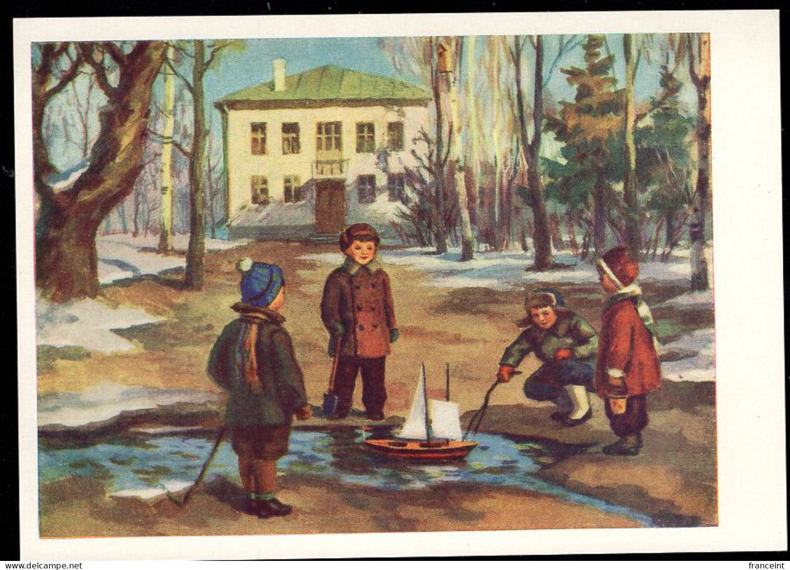 RUSSIA(1959) Youngsters Playing With Toy Sailboat In Puddle. 25 Kop Illustrated Postal Card. - 1950-59