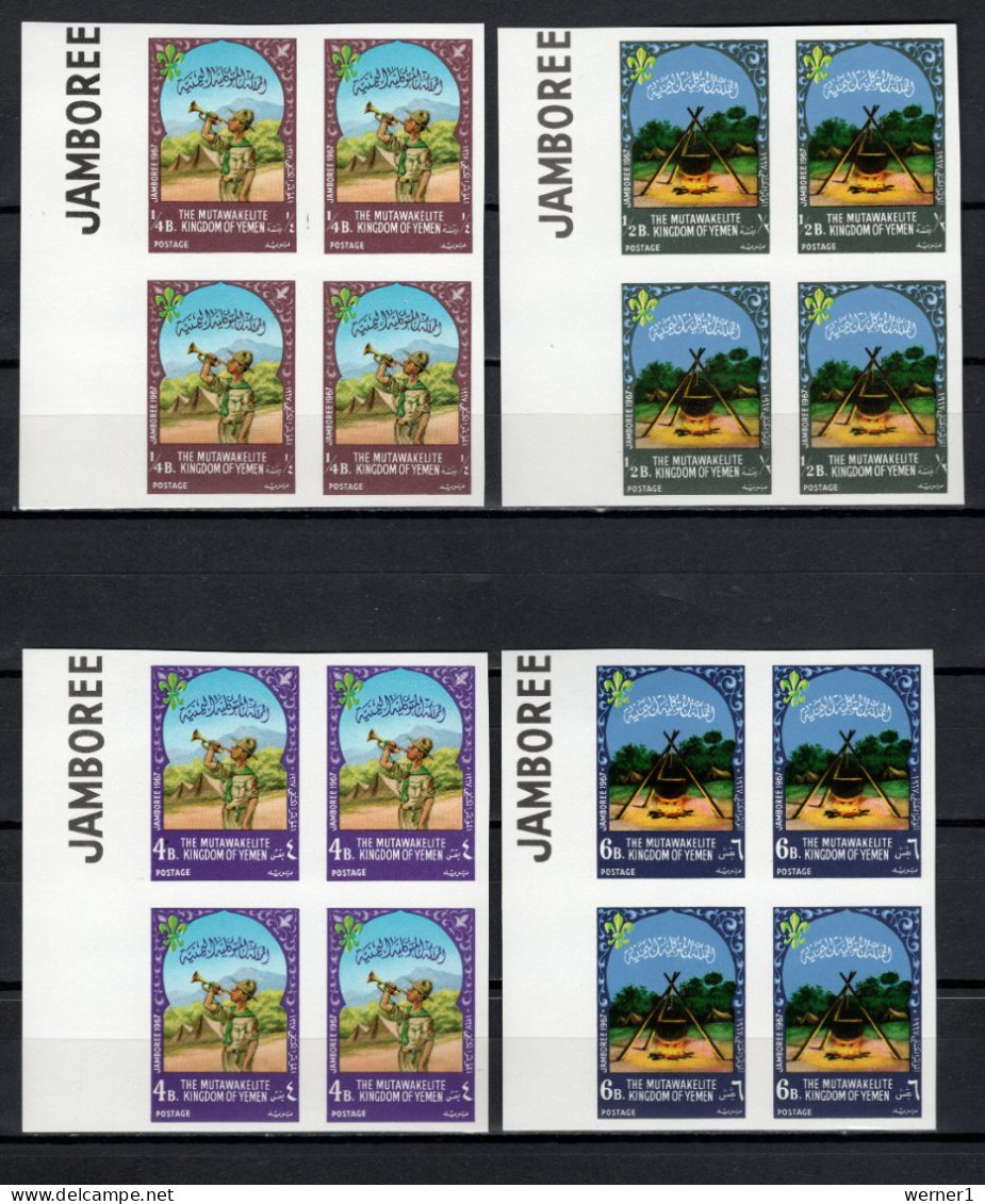 Yemen Kingdom 1967 Space, Scouts Set Of 7 In Blocks Of 4 Imperf. MNH - Asien