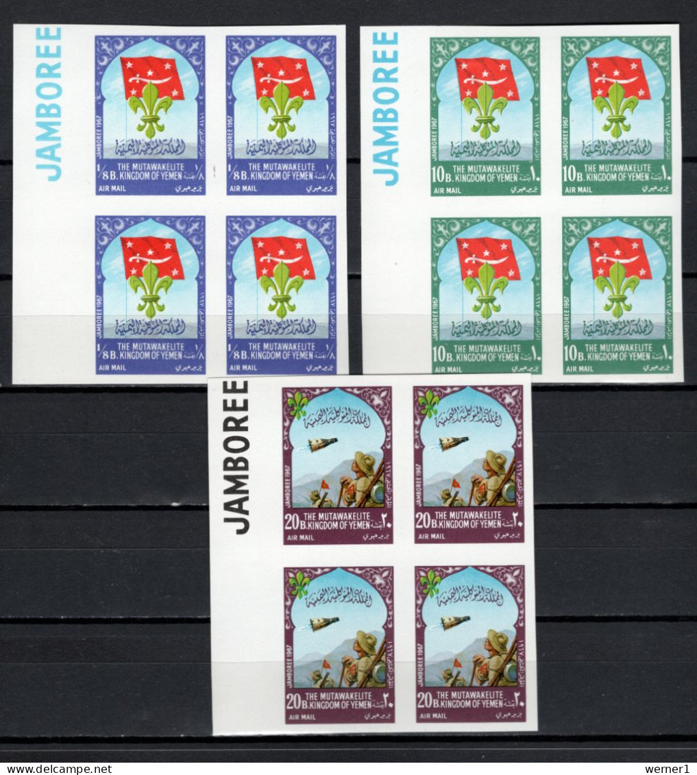 Yemen Kingdom 1967 Space, Scouts Set Of 7 In Blocks Of 4 Imperf. MNH - Asia