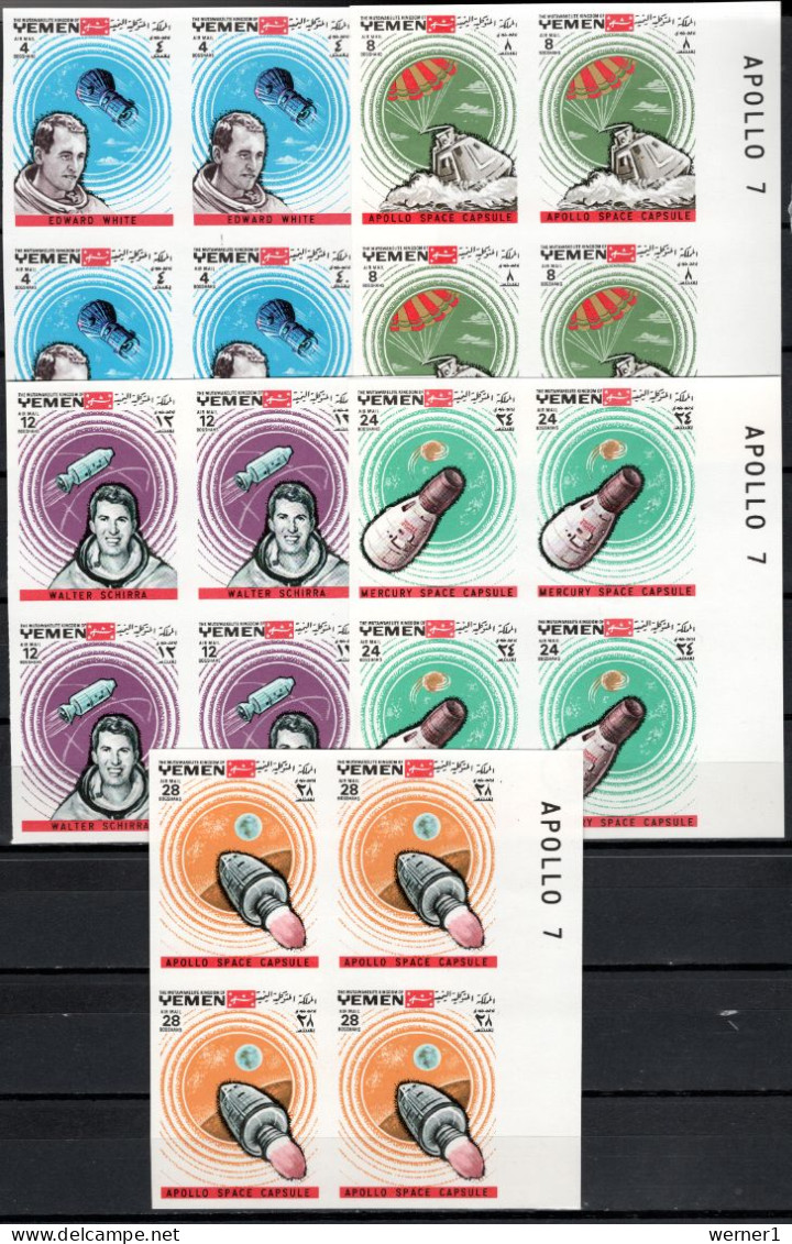 Yemen Kingdom 1969 Space, Apollo 7 Set Of 5 In Blocks Of 4 Imperf. MNH - Asia