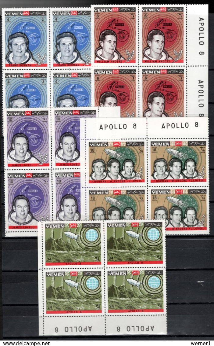 Yemen Kingdom 1969 Space, Apollo 8 Set Of 5 In Blocks Of 4 MNH - Azië