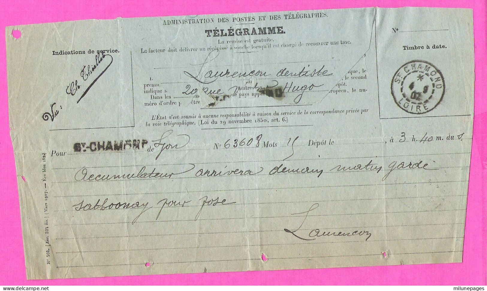 Formule Télégramme 701 Bleu De St Chamond Loire En 1902 Griffe Linéaire Et Marque Imprimée Du Receveur - Télégraphes Et Téléphones