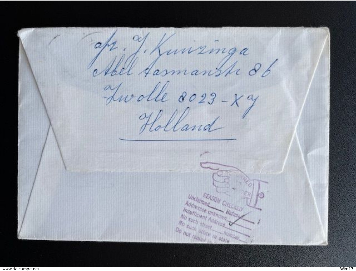 NETHERLANDS 1978 LETTER ZWOLLE TO NEW JERSEY USA NEDERLAND POSTAL REMARK RETURN TO SENDER - Covers & Documents