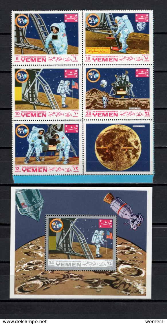 Yemen Kingdom 1969 Space, Apollo 11 Moonlanding Block Of 6 + S/s MNH - Asie