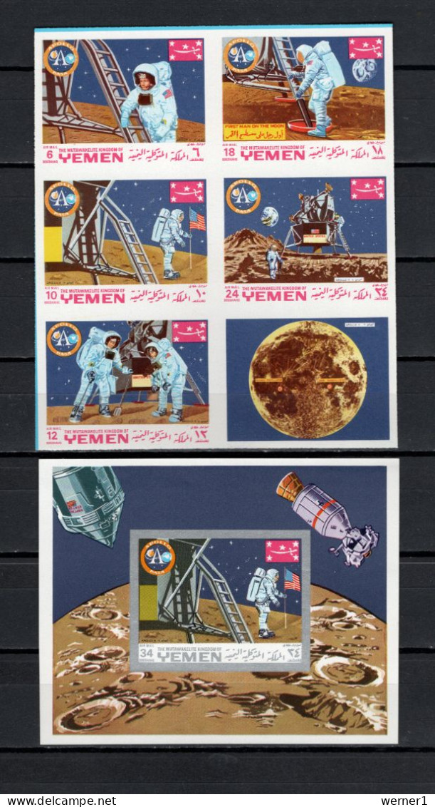 Yemen Kingdom 1969 Space, Apollo 11 Moonlanding Block Of 6 + S/s Imperf. MNH - Azië