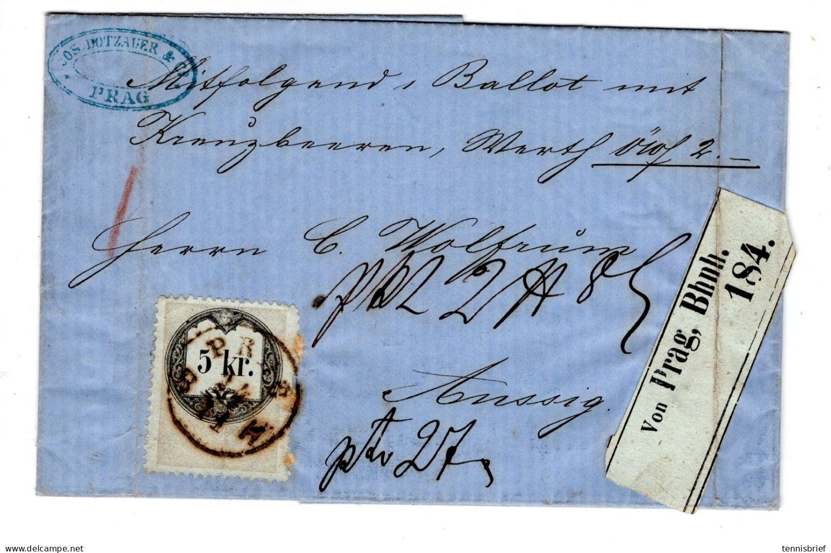 1864 , 5 Kr. Fiskal-Marke  , Klar " PRAG-BH " , Kpl. Wert -Brief, Voller  Inhalt , Mit Paket-Zettel,#134 - Briefe U. Dokumente