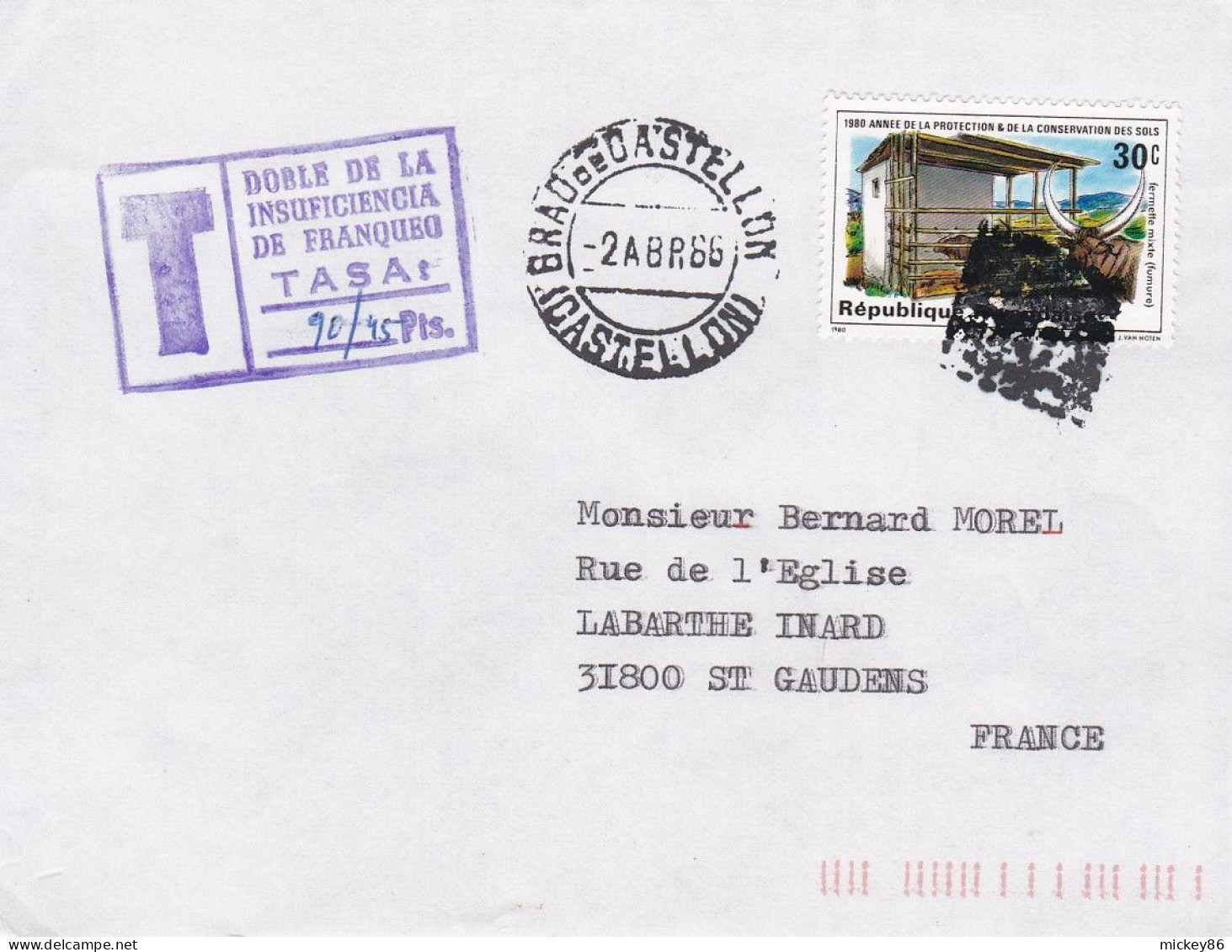 ESPAGNE -1966--lettre CASTELLON  Pour St GAUDENS-31 (France) .lettre TAXEE (timbre étranger) , Beaux Cachets - Briefe U. Dokumente