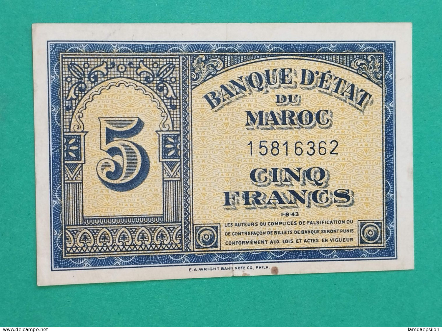 BANQUE D'ETAT DU  MAROC MOROCCO  MARRUECOS 5 FRANCS 01-08-1943 - Marruecos