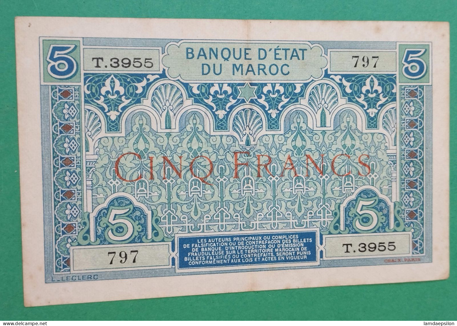 BANQUE D'ETAT DU  MAROC MOROCCO  MARRUECOS 5 FRANCS 1924 - Maroc