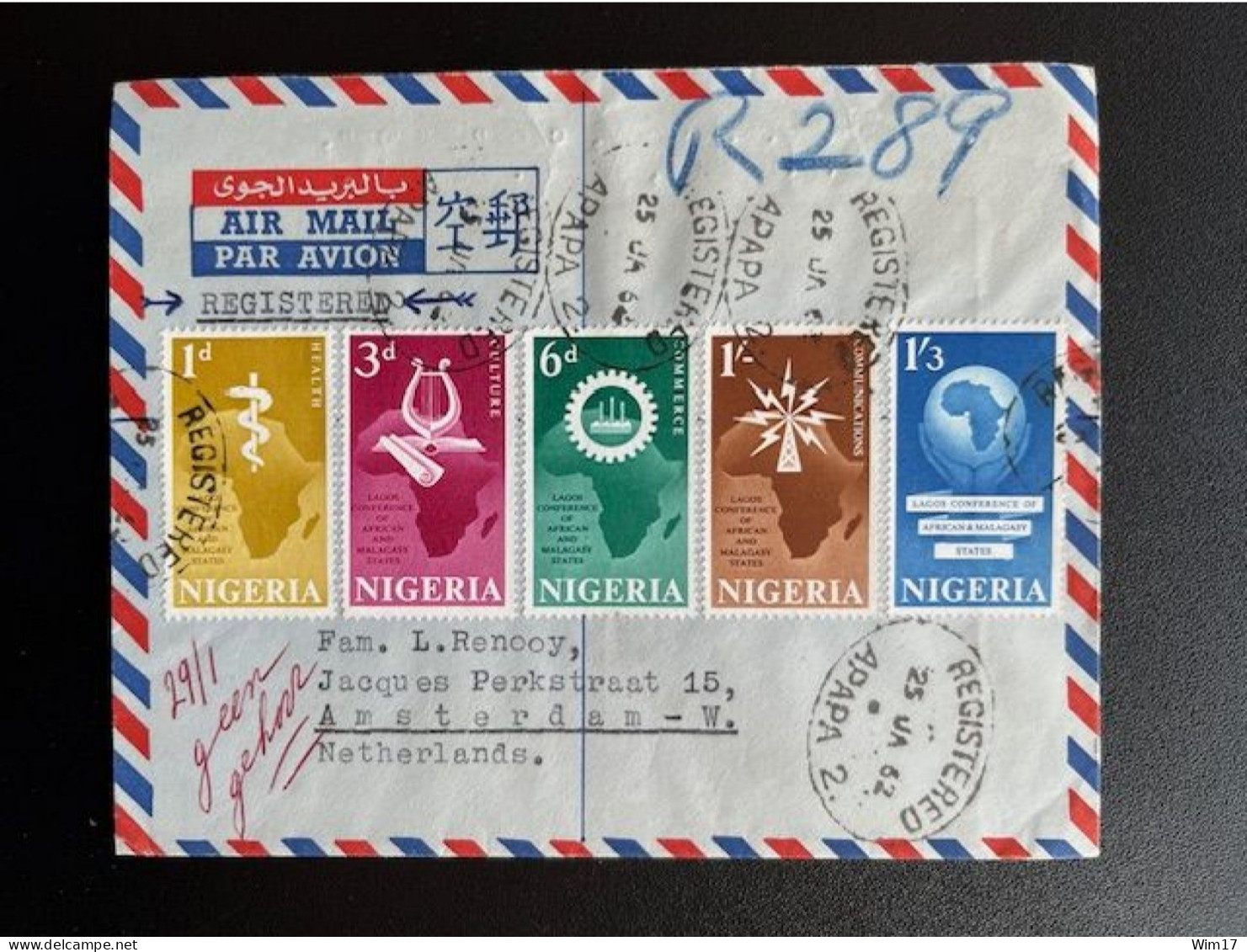 NIGERIA 1962 REGISTERED AIR MAIL LETTER FDC APAPA TO AMSTERDAM 25-01-1962 - Nigeria (1961-...)
