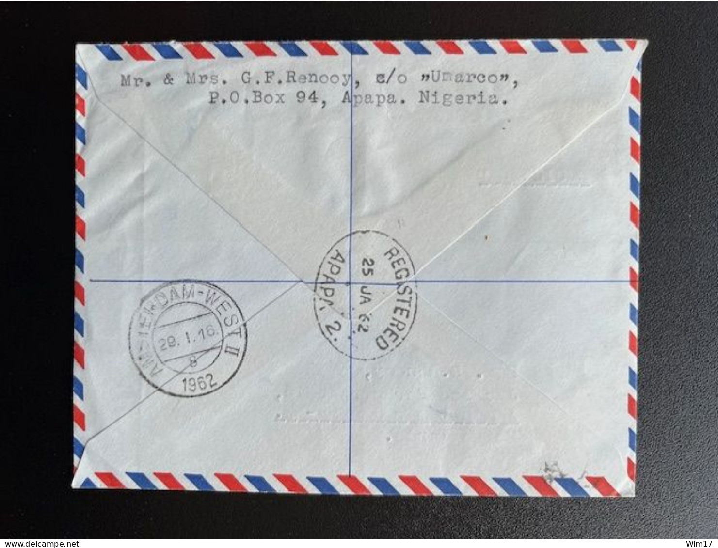 NIGERIA 1962 REGISTERED AIR MAIL LETTER FDC APAPA TO AMSTERDAM 25-01-1962 - Nigeria (1961-...)