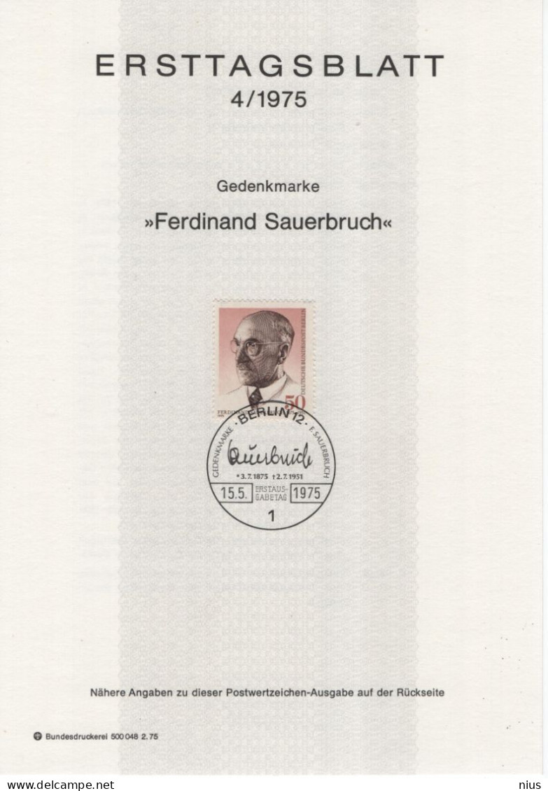 Germany Deutschland 1975-04 Ferdinand SAUERBUCH, German Surgeon, Medicine, Canceled In Berlin - 1974-1980