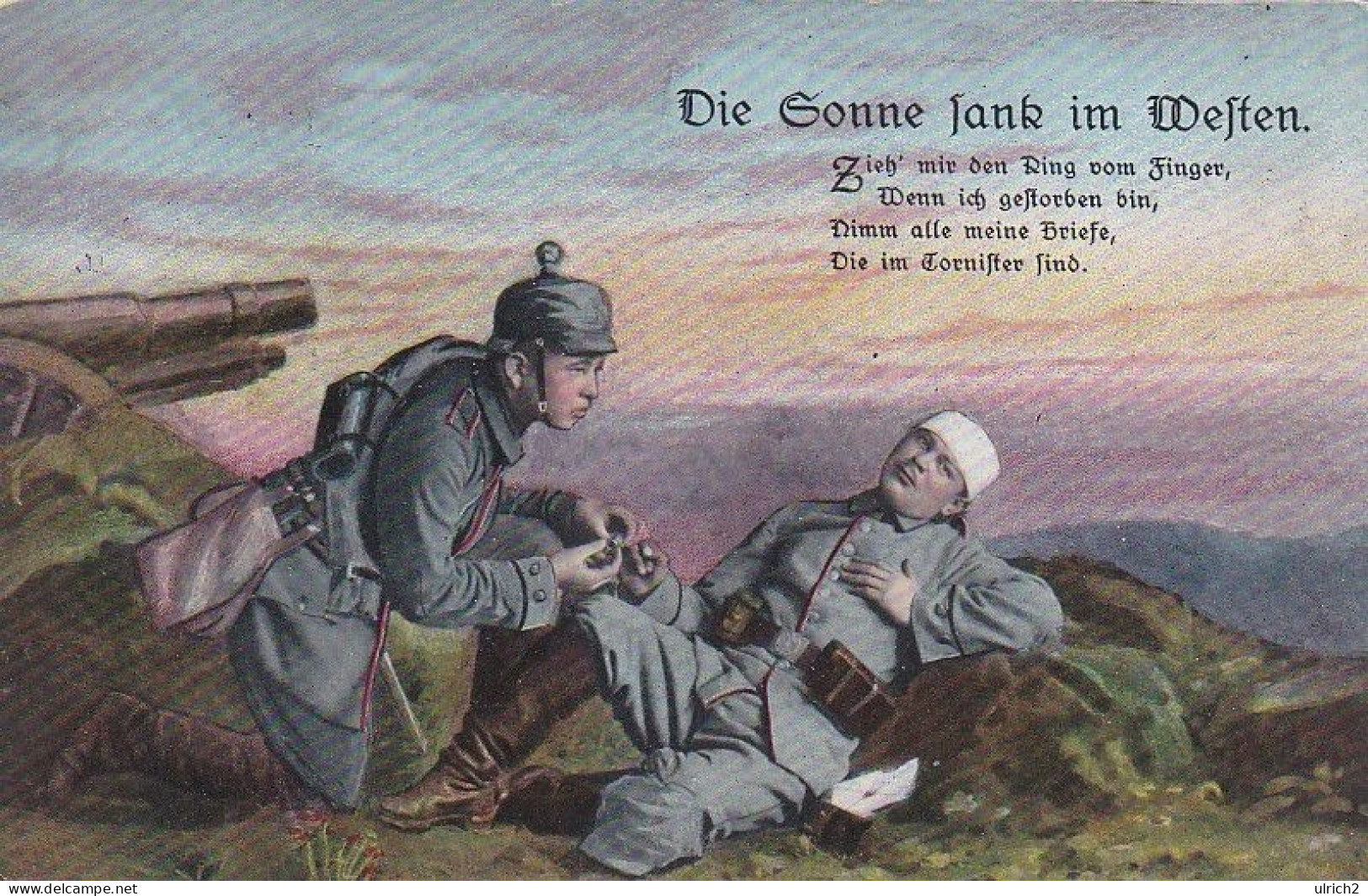 AK Die Sonne Sank Im Westen - Deutscher Soldat Mit Verwundetem - Patriotika - Feldpost Res. Inf. Rgt. 109 - 1915 (68871) - Guerra 1914-18