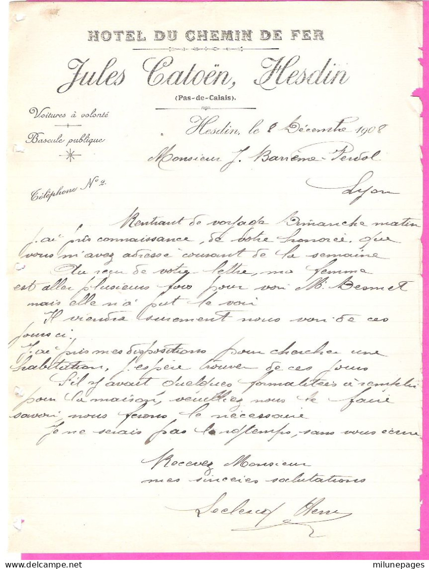 Facture En-tête Hôtel Du Chemin De Fer Jules Catoën à Hesdin Pas De Calais En 1908 Voitures à Volonté, Bascule Publique - Druck & Papierwaren