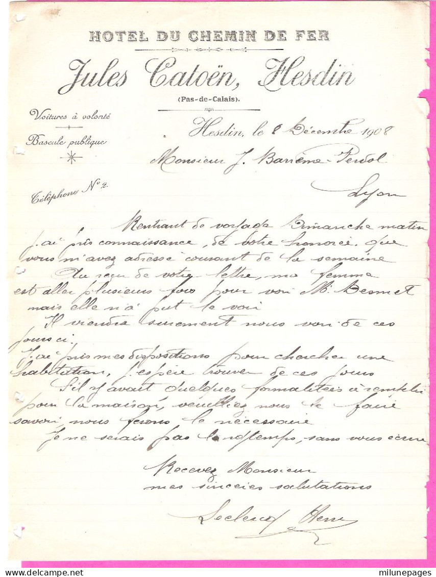 Facture En-tête Hôtel Du Chemin De Fer Jules Catoën à Hesdin Pas De Calais En 1908 Voitures à Volonté, Bascule Publique - Imprenta & Papelería