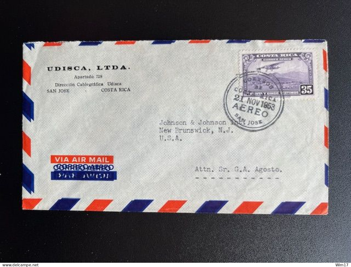 COSTA RICA 1953 AIR MAIL LETTER SAN JOSE TO NEW BRUNSWICK 21-11-1953 - Costa Rica