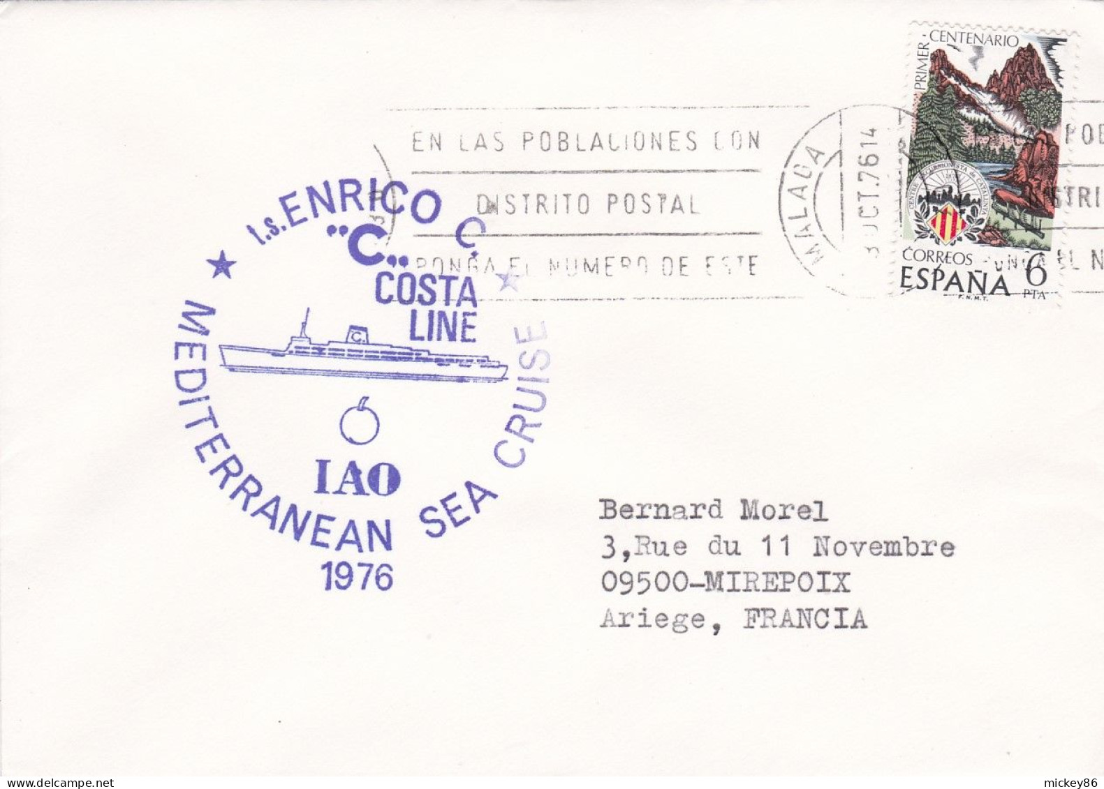 ESPAGNE -1976 -lettre MALAGA Pour MIREPOIX-09 (France)..timbre Seul Sur Lettre,cachet ENRICO..Costa Line Sea Cruise - Covers & Documents